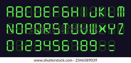 Vector Set: Green Digital Display Font with Alarm Clock Letters, Electronic Alphabet, Retro Calculator Symbols, LCD Monitor Characters, and Scoreboard Digits.