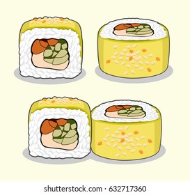 Vector set of green dragon uramaki sushi roll with eel fish, cucumber, avocado, sesame seeds and cream cheese from different angles isolated on a light background.