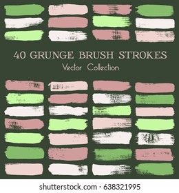 Vector set of green and dusty pink blush color brush strokes or backgrounds isolated on dark green. Artistic lines collection. Hand painted brush strokes set. Textured design advertising elements.