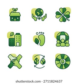 Vektorgrafik mit grünen Ökologiesymbolen, einschließlich Blatt-, Baum-, Auto-, Recycling-, Energie- und Wassersymbole