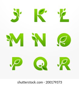 Vector set of green eco letters logo with leaves. Ecological font from J to R.