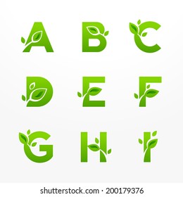 Vector set of green eco letters logo with leaves. Ecological font from A to I.