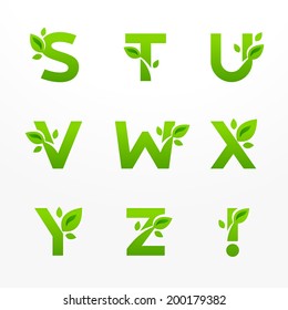 Vector set of green eco letters logo with leaves. Ecological font from S to Z.