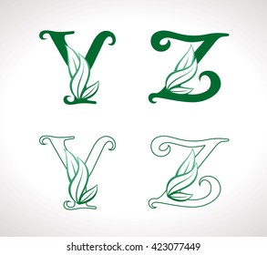 Vector set of green eco letters logo with leaves. Ecological font from Y and Z.
