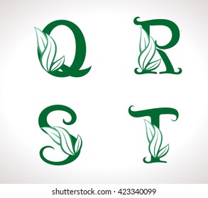Vector set of green eco letters logo with leaves. Ecological font from Q to T.