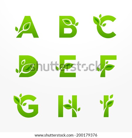 Vector set of green eco letters logo with leaves. Ecological font from A to I.