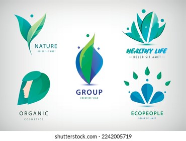 Vector set of green eco logos - men and leaves, organic products, healthy life concept