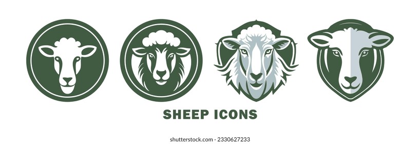 Vector set of green eco round icons with sheep head. White isolated background.