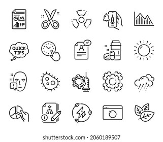 Vector set of Green electricity, Rainy weather and Pie chart line icons set. Scissors, Vaccine announcement and Sun energy icons. Report document, Recovery internet and Organic tested signs. Vector
