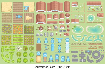 Vector set. Green farm. (top view) Fields, vegetable gardens, hangars, buildings, barns, agricultural machinery, ponds, road. (view from above)