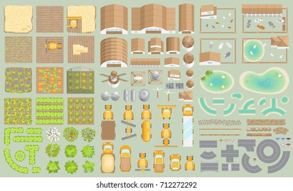 Vector set. Green farm. (top view) Fields, vegetable gardens, hangars, buildings, barns, agricultural machinery, ponds, road. (view from above)