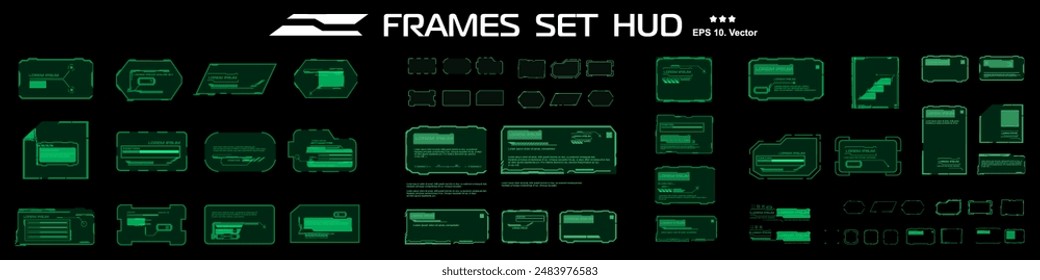 Conjunto de Vector con marcos verdes. Ventanas digitales con bloque de información de texto. DIÁLOGOS DE UI DE HUD. Marcos con información y datos. Elementos de interfaz HUD modernos gráficos