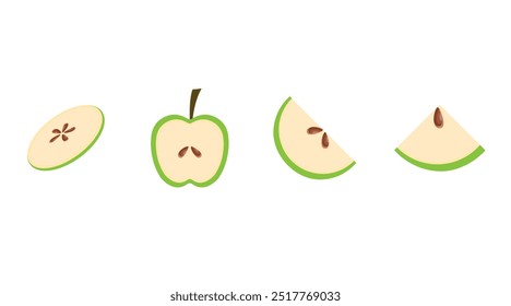 Conjunto de Vector de icono de manzanas verdes frescas. Frutas de manzana en blanco aislado. Colección de rebanadas de manzana	