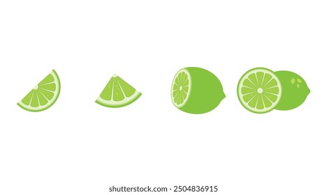 Vector set of green fresh lime icon. Lime fruits on white isolated background. Lime slices collection