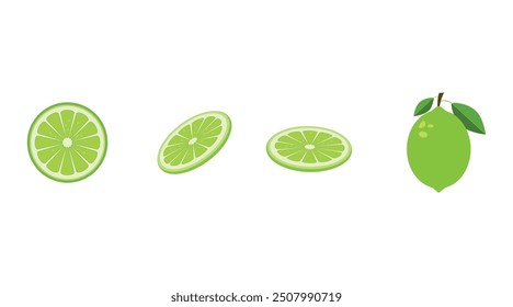 Vector set of green fresh lime icon. Lime fruits on white isolated background. Lime slices collection