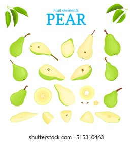 Vector set of green fruits. Pear fruit, whole peeled, piece of half slice, leaves, seed. Collection of delicious green pears designer elements for use in packaging design projects flyer healthy eating