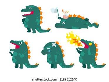 Vector set of green giant monster, dinosaur in different actions isolated on white background