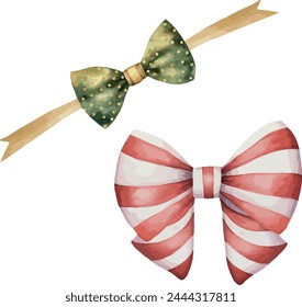 Vector Set of green gift bow with ribbon, striped bow gift bow in watercolor style. Template for gift decoration, greeting cards, invitation, wedding card, save the date, celebration, anniversary.