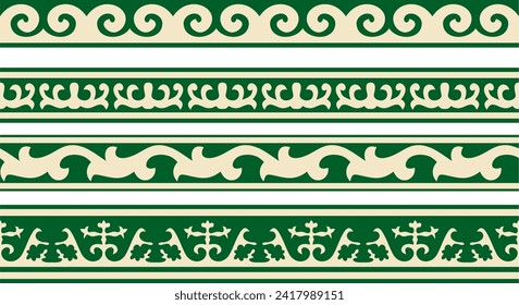 Vector set of green and gold seamless Kazakh national ornament. Ethnic endless pattern of the peoples of the Great Steppe, 
Mongols, Kyrgyz, Kalmyks, Buryats. circle, frame border.