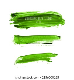 Vector set of green grass watercolor hand painted texture backgrounds isolated on white. Abstract greenery collection of acrylic dry brush strokes, stains, spots, blots, lines. Creative grunge frame.