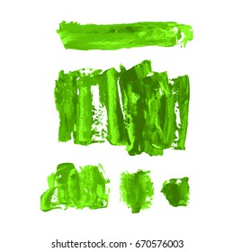 Vector set of green grass watercolor hand painted texture backgrounds isolated on white. Abstract greenery collection of acrylic dry brush strokes, stains, spots, blots, lines. Creative grunge frame.