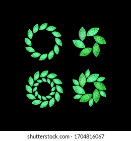 Conjunto vectorial de joyas verdes. Emblema de las esmeraldas. Gemas verdes en forma de flor o hojas. Esmeraldas sobre fondo negro. 