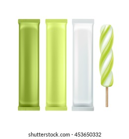 Vector Set of Green Kiwi Spiral Popsicle Lollipop Ice Cream Fruit Juice Ice on Stick with Green White Plastic Foil Wrapper for Branding Package Design Close up Isolated on Background