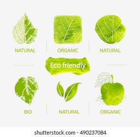 Vector Set of green labels and badges with leaves for organic, natural, bio and eco friendly products.Hand drawn watercolor eco labels with skeleton of leaves/