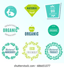 Vector Set of green labels and badges with leaves for organic, natural, bio and eco friendly products, isolated on light background. Cruelty free, not tested on animals