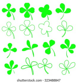 Vector Set of Green Leaves Icons Isolated on White Background. Symbols of Patricks Day. Green  Shamrocks