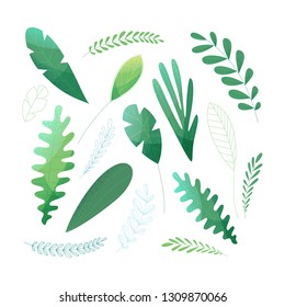 Vector set of green leaves. Tropical design elements isolated on white background. Filled and outlined. Flat illustration with modern noise texture, lights and shadows.