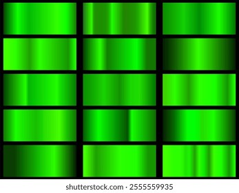 Vector set of green metallic gradients, swatches collection, shiny gradient set on black background, metal texture.