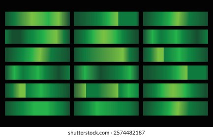 Vector set of green metallic gradients swatches collection shiny gradient set on black background