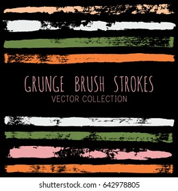 Vector set of green, orange, pink and white brush strokes or backgrounds isolated on black. Artistic lines collection. Bright summer color hand painted brush strokes set. Textured design elements
