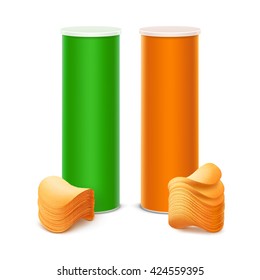 Vector Set of Green Orange Tin Box Container Tube for Package Design with Stack of Potato Crispy Chips Close up Isolated on Background