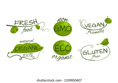Vector set of green and organic products labels, emblems, logo and badges. Natural, vegan, organic and raw symbols