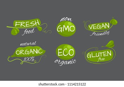 Vector set of green and organic products labels, emblems, logo and badges. Natural, vegan, organic and raw symbols