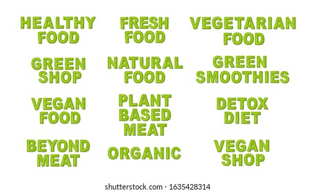 Vector set of green and organic products labels and badges - collection of different icons and illustrations related to fresh and healthy food. Isolated vector illustration on white background.