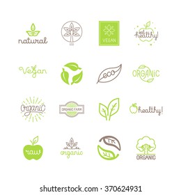 Vector set of green and organic products labels and badges - collection of different icons and illustrations related to fresh and healthy food -natural, vegan, organic and raw symbols