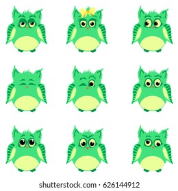 Vector set of green owls with different emotions