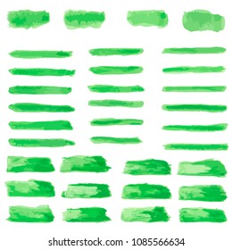 The vector set of green paint water color brushes stroke