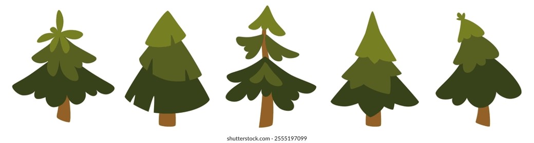 Vector set of green pines and firs of different shapes in flat style. Forest tree, pine for landscape design. Christmas tree without decorations. Clip art for children's books and educational games.