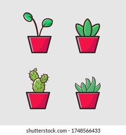 vector set of green plant eco icons with flower pot