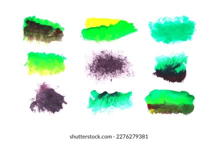 Vector un conjunto de manchas de pincel de pintura verde y púrpura. Conjunto de brochas de color agua