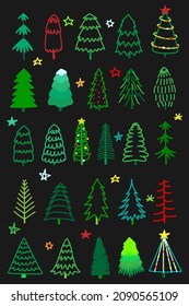 Vektorgrafik von grünen, roten, gelben und blauen Weihnachtsbäumen mit Grönland und Sternen. Einzelne Symbole für Design, Doodles, Muster, Layout, Banner, Tapete, Hintergrund, Verpackung, Textilien