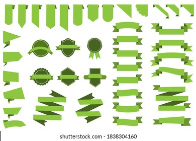 Juego de vectores de cintas verdes. Cintas satinadas para los premios de medallas. Rulos por regalos. Imagen de archivo.