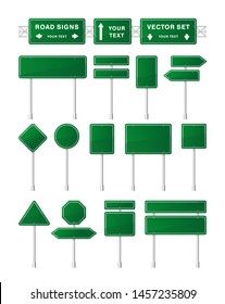 Vector set of green road signs and arrow isolated on white background. Direction highway city. Tables of routing. Traffic symbol. Temporary traffic signs. Mockup.