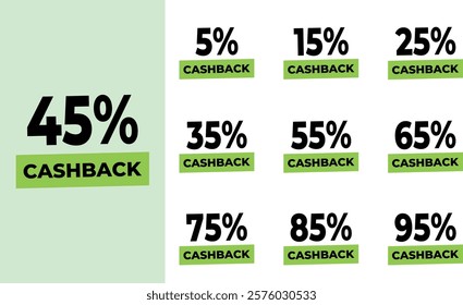 Vector set of green sale icons with cashback percentages. Vector set of sale tag icons. Sale offer price sign. Special offer symbol. Discount promotion.