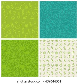 Vector set of green seamless patterns, abstract backgrounds and design templates for packaging and websites in trendy linear style with vegetable and fruit icons - for healthy, organic and vegan food