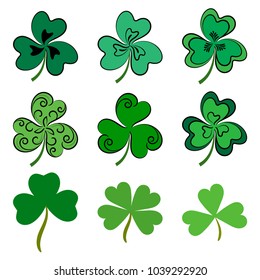 Vector Set Of Green Shamrock. Clovers over white.